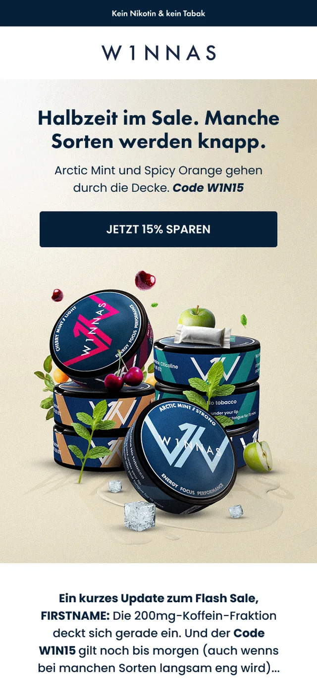 German W1NNAS sale reminder email produced by Ecom Mails